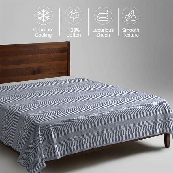 400 thread count super king size Cascade Stripe Navy 100 percent cotton flat sheet with luxurious sheen and smooth cooling feel