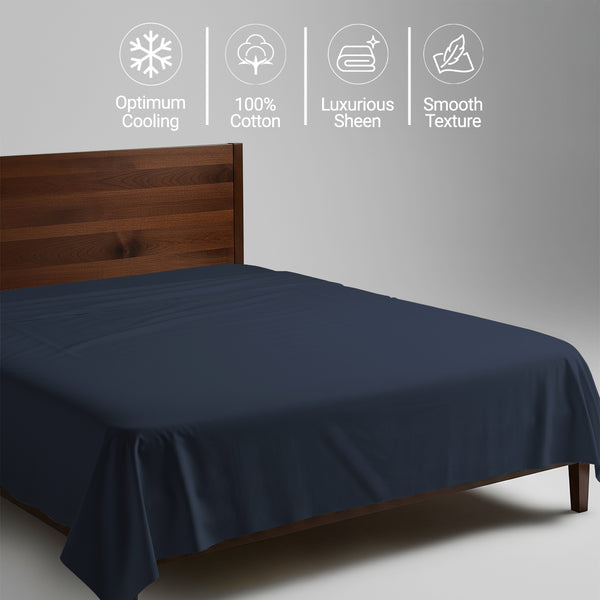 400 thread count single size dark blue 100 percent cotton flat sheet with luxurious sheen and smooth cooling feel