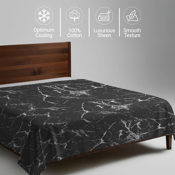 400 thread count super king size Marble Black 100 percent cotton flat sheet with luxurious sheen and smooth cooling feel