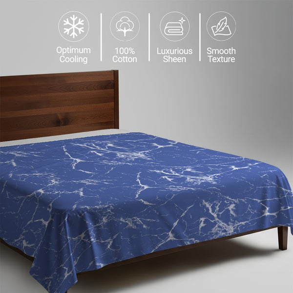 400 thread count king size Marble Blue 100 percent cotton flat sheet with luxurious sheen and smooth cooling feel
