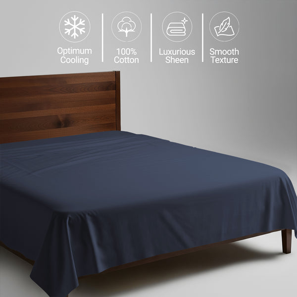 600 thread count double size dark blue 100 percent cotton flat sheet with luxurious sheen and smooth cooling feel plus durable