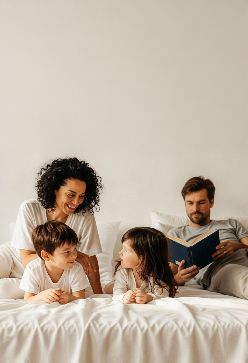 Family relaxing on white Pizuna Linens cotton bedding