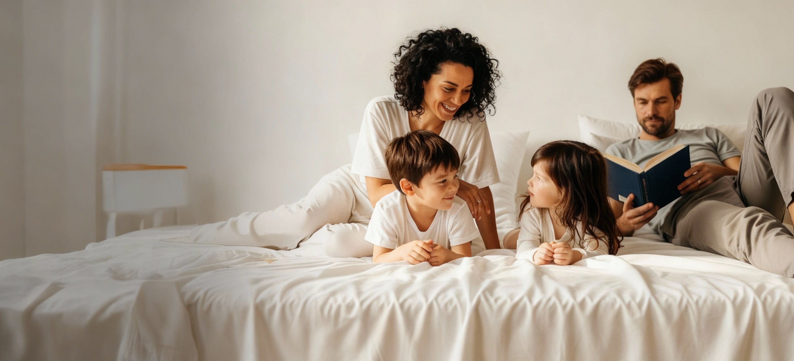 Family relaxing on white Pizuna Linens cotton bedding