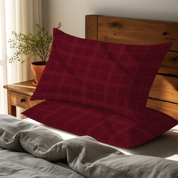 Red checks damask big checks housewife pillowcases premium 300 thread count on pillows on bed in bedroom