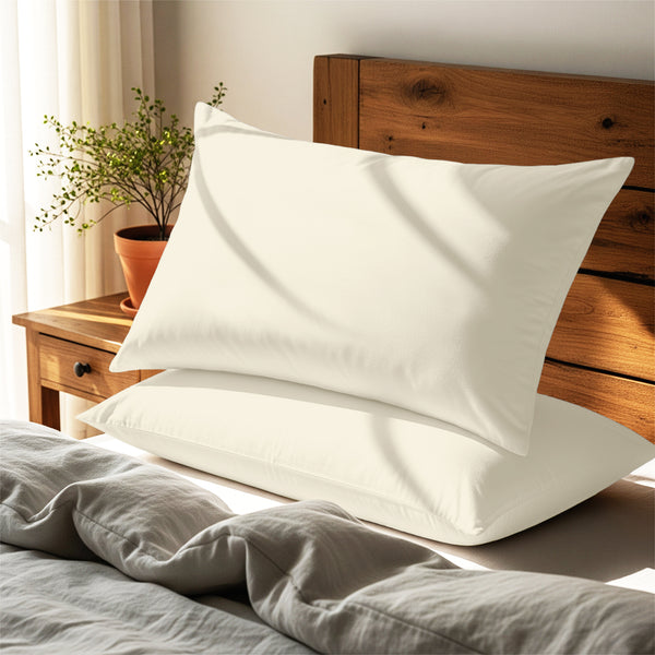 ivory housewife pillowcases premium 400 thread count on pillows on bed in bedroom