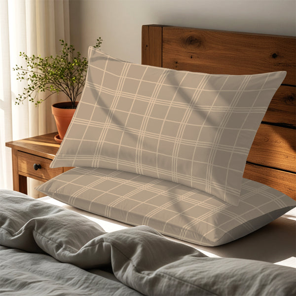 Taupe checks damask big checks housewife pillowcases premium 300 thread count on pillows on bed in bedroom