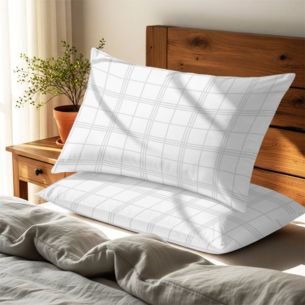 White checks damask big checks housewife pillowcases premium 300 thread count on pillows on bed in bedroom