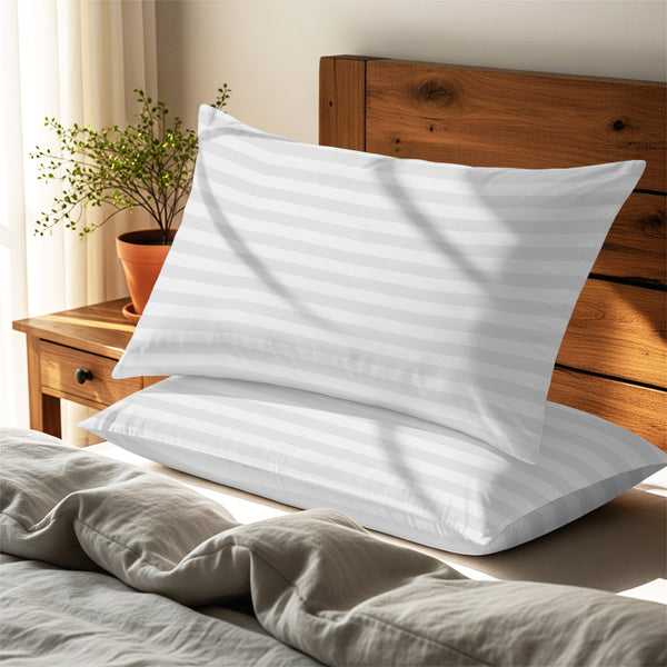 White stripe damask big stripe housewife pillowcases premium 300 thread count on pillows on bed in bedroom
