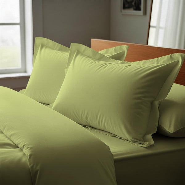 light green oxford standard pillowcases premium 400 thread count on pillows on bed in bedroom