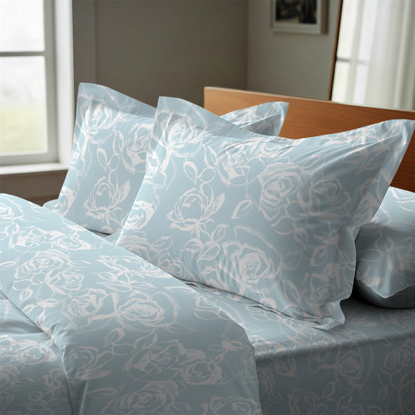 simply floral blue oxford king pillowcases premium 400 thread count on pillows on bed in bedroom