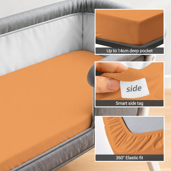 Cotton travel fitted sheet apricot orange 60x120 cm 1 piece 14 cm deep pocket Smart Side tag 360 elastic fit