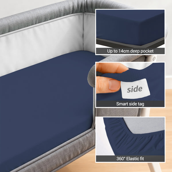 Cotton travel fitted sheet dark blue 60x120 cm 1 piece 14 cm deep pocket Smart Side tag 360 elastic fit