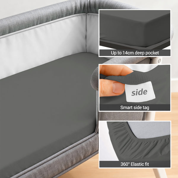 Cotton travel fitted sheet dark grey 60x120 cm 1 piece 14 cm deep pocket Smart Side tag 360 elastic fit