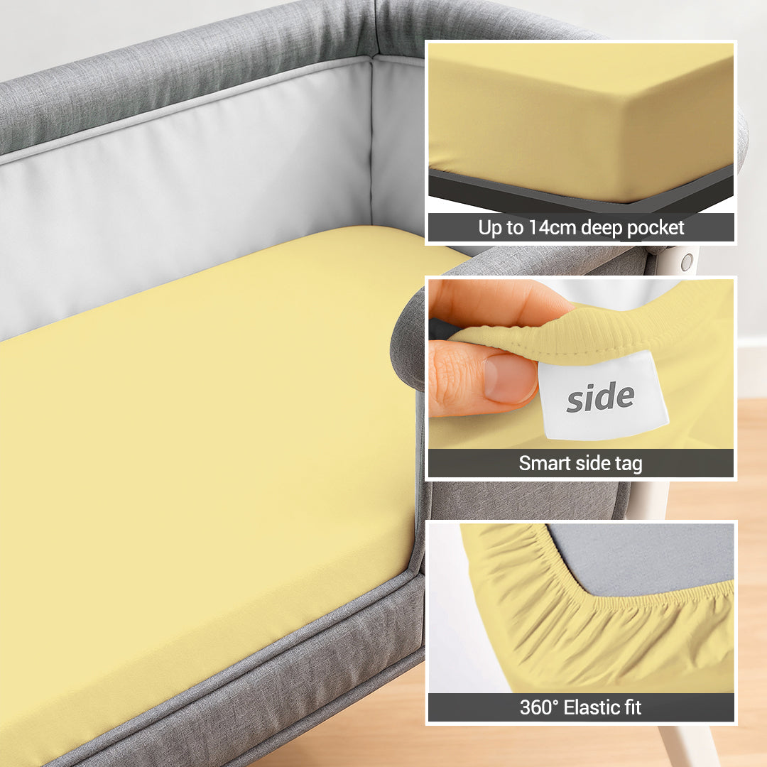 Cotton travel fitted sheet mellow yellow 60x120 cm 1 piece 14 cm deep pocket Smart Side tag 360 elastic fit