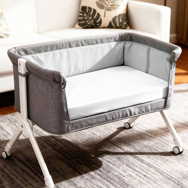 Baby cot setup with 60x120 cm white travel fitted sheet moisture wicking and gentle on skin