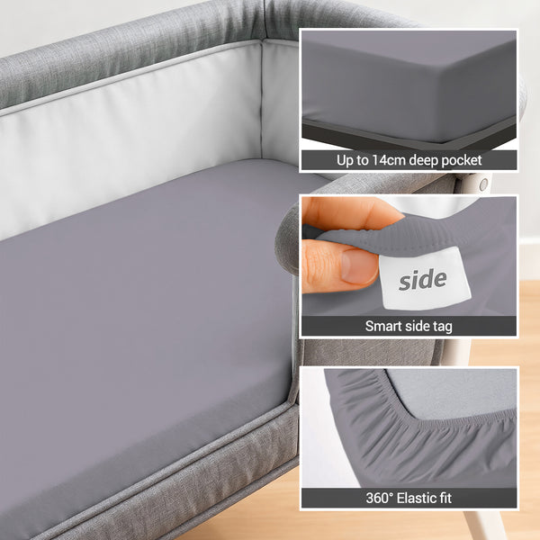 Cotton travel fitted sheet violet grey 60x120 cm 1 piece 14 cm deep pocket Smart Side tag 360 elastic fit